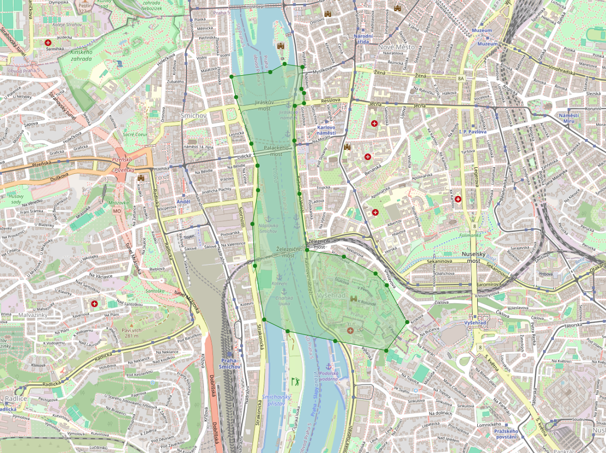 Map of the planned flight area above the Vltava from Jirásek Square to Vyšehrad
