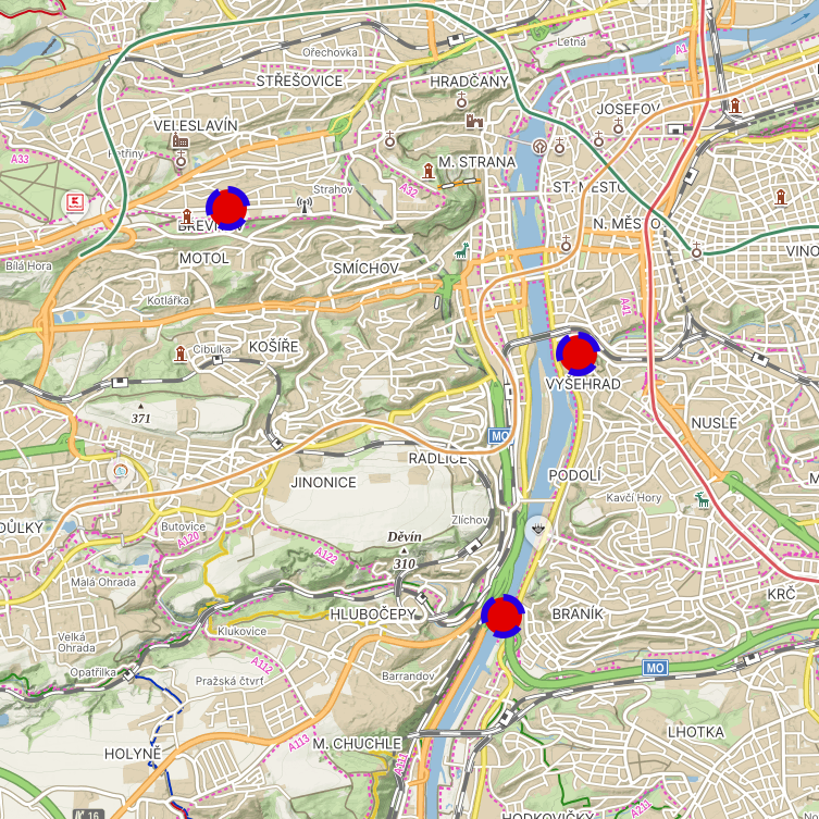 Map showing spotters at Vyšehrad, Barrandov Bridge and Tomanova Street